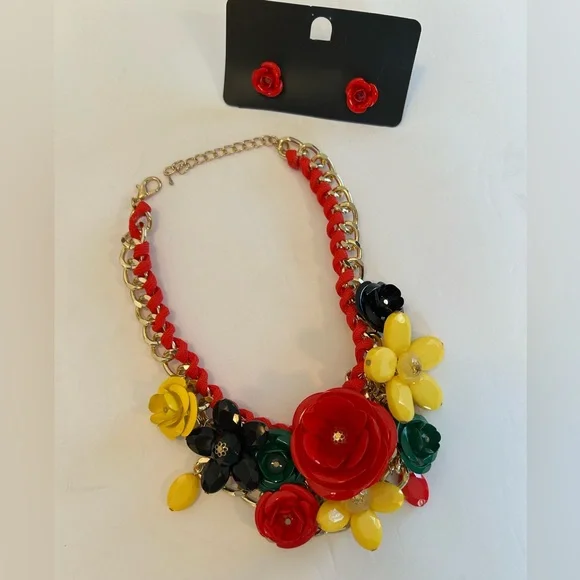 Statement Necklace Floral with Earrings red yellow green - Picture 11 of 11